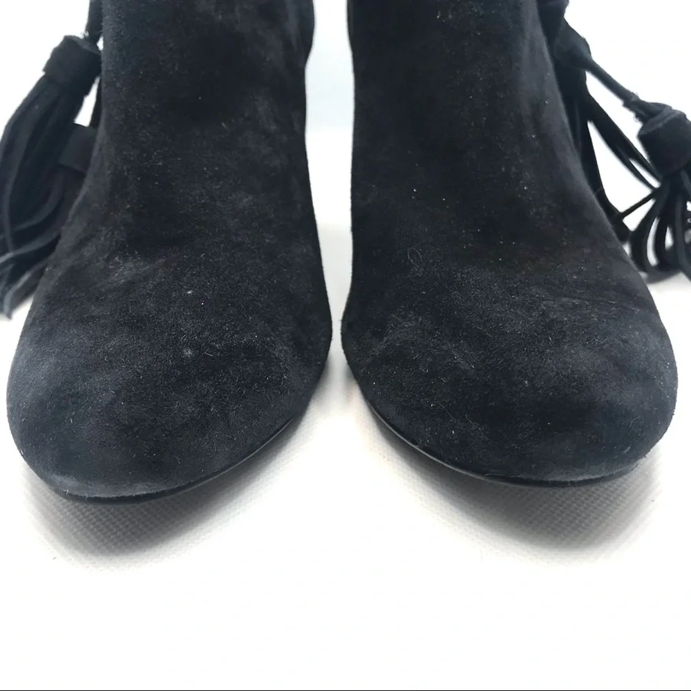 & OTHER STORIES BLACK SUEDE HEELED BOOTS WITH FRINGE TASSEL ANKLE DETAILS (6.5)